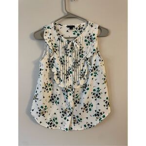 Ann Taylor White Floral Ruffle Tie-Neck Sleeveless Blouse